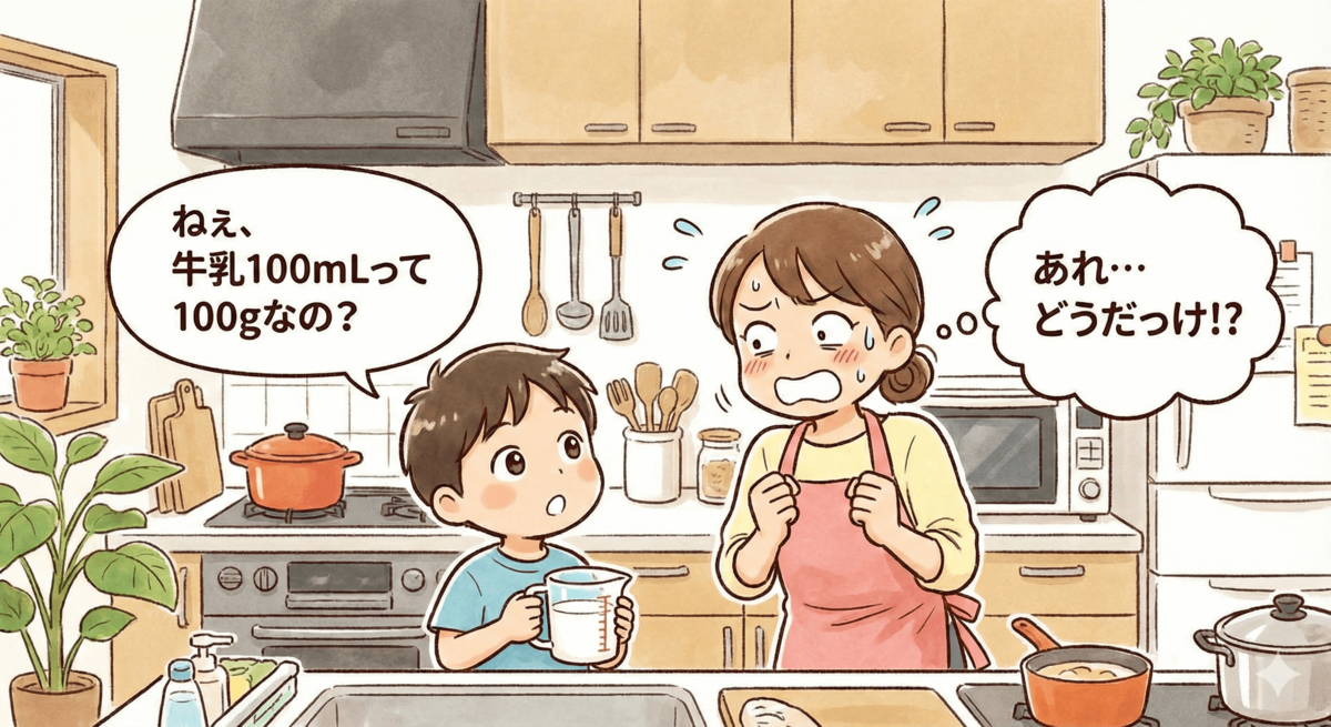 息子「牛乳100mLは100gだよね？」