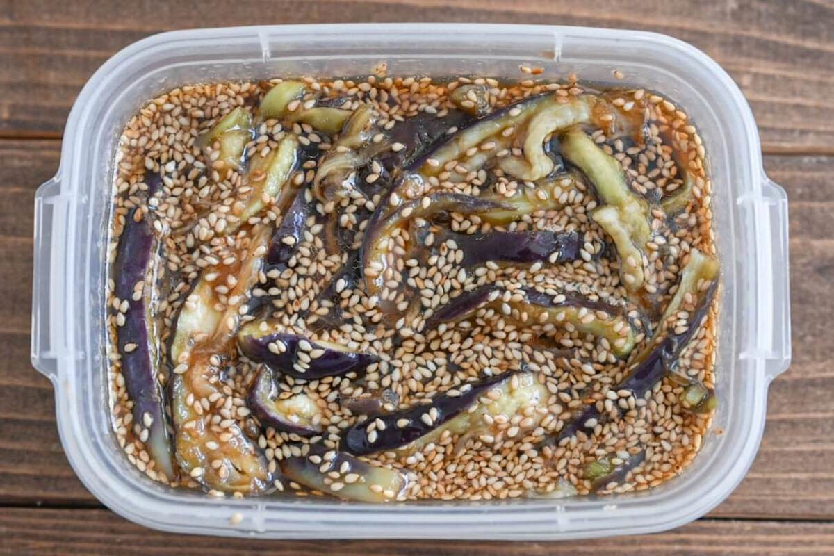 「レンジ蒸しなすのポン酢漬け」
