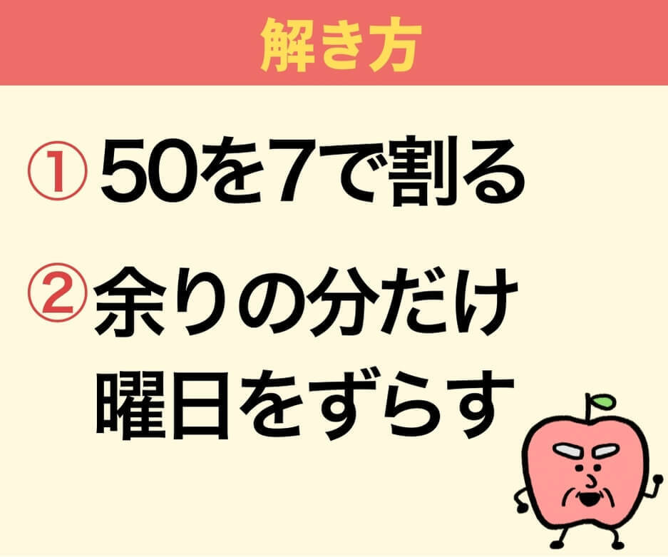 【問題】今日が水曜日なら、50日後は何曜日？