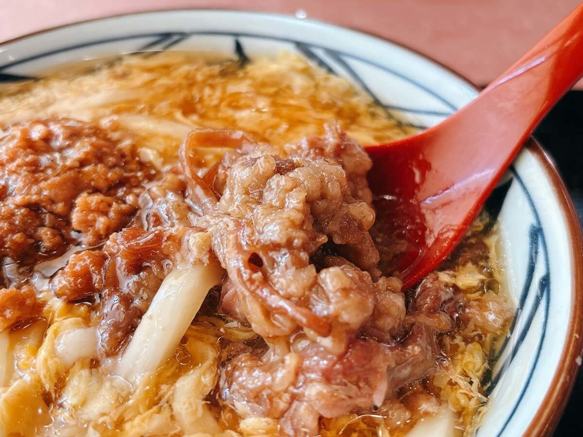 丸亀製麺「肉がさね玉子あんかけ 並(税込840円)」