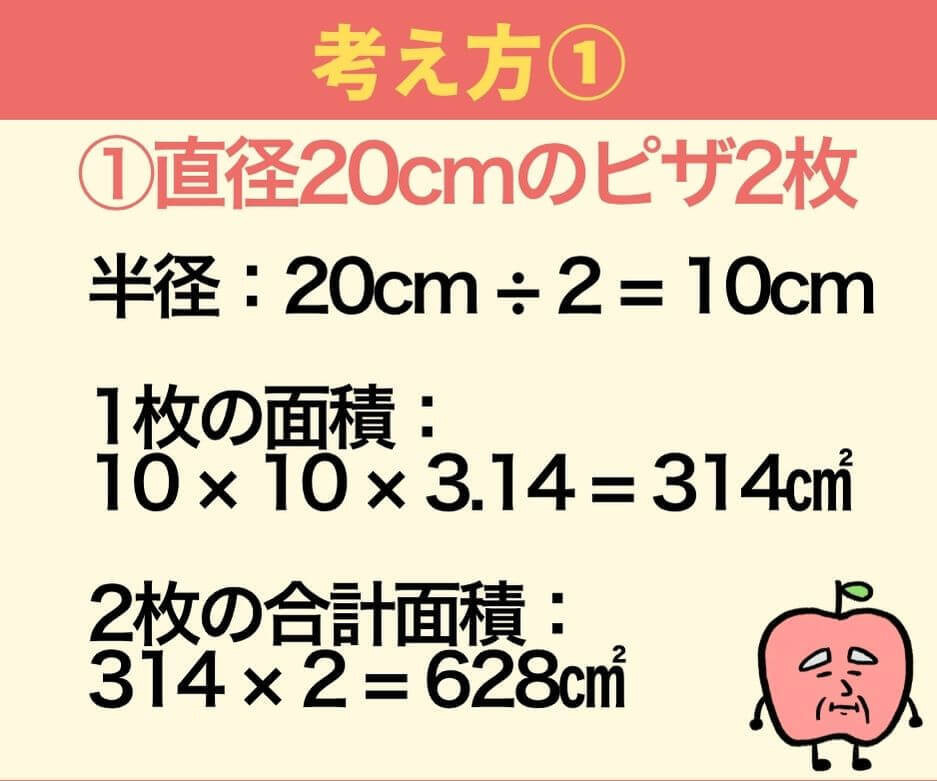 直径20cmのピザ2枚と直径30cmのピザ1枚】どっちが得？→「ええ