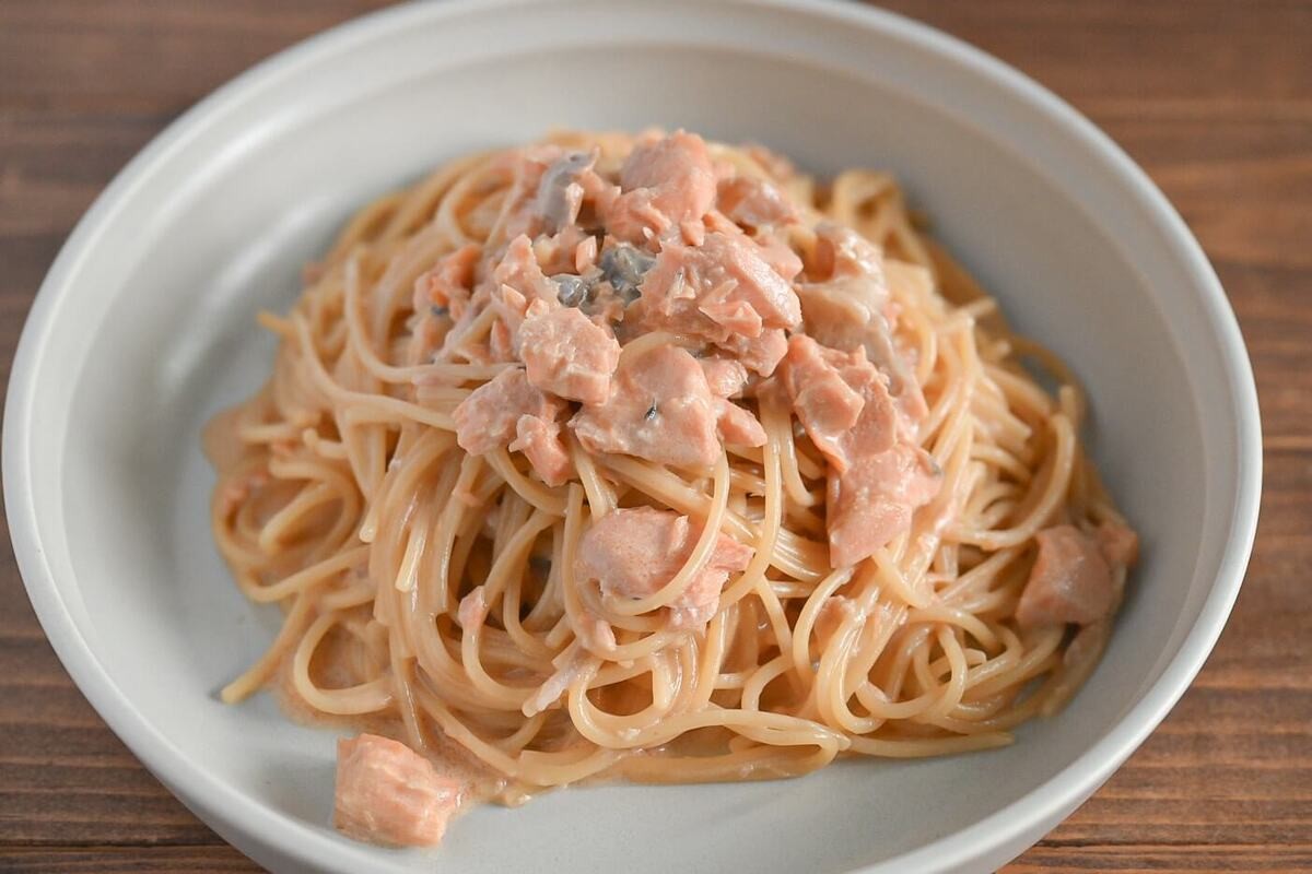 ミツカン「レンジで作る鮭のだしクリームパスタ」